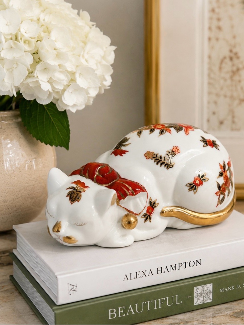 Vintage Imari Style Handpainted Sleeping Cat Figurine